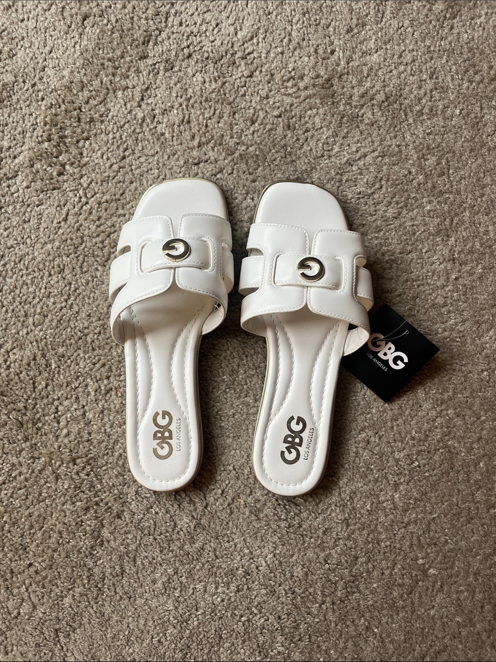 GBG Los Angeles White Slide Mules with Gold Buckle